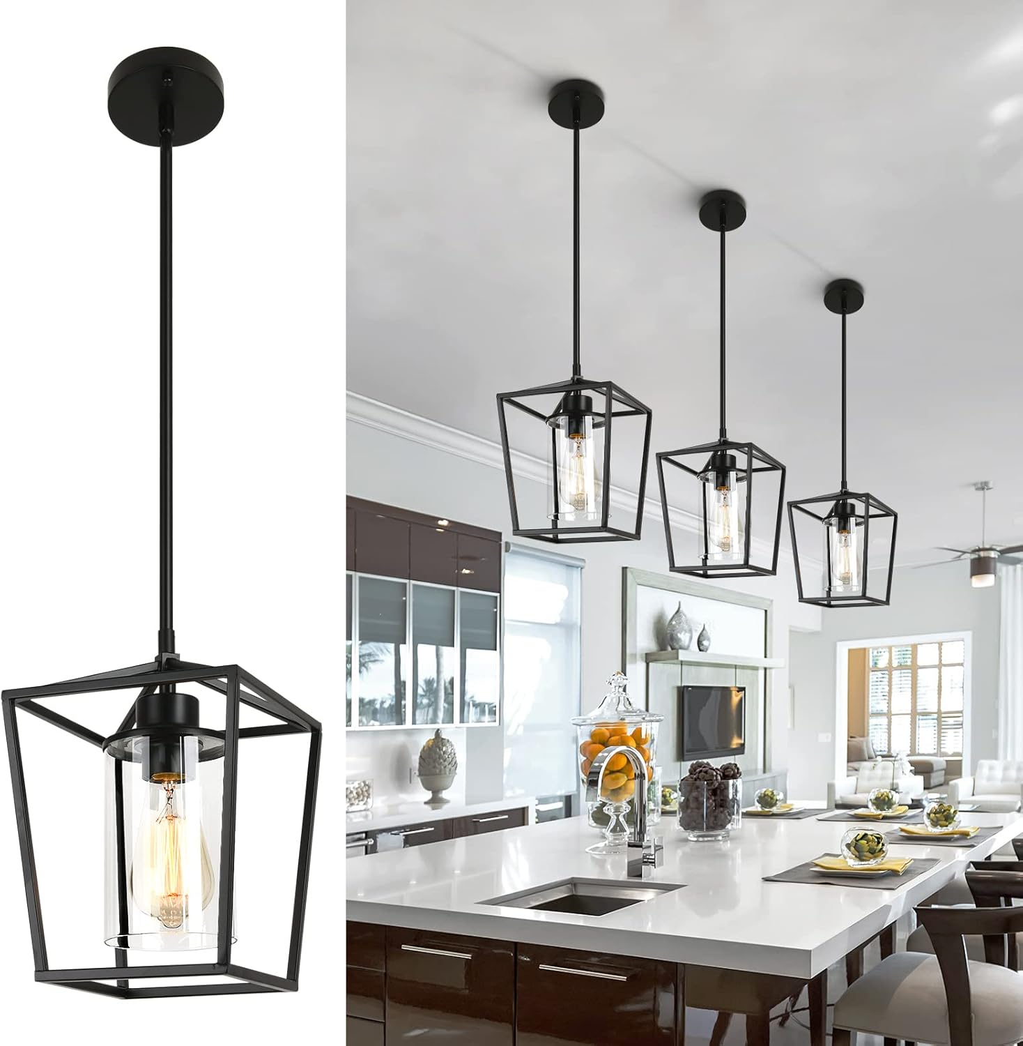 Black Pendant Light for Kitchen Island, Farmhouse Metal Cage Hanging Light