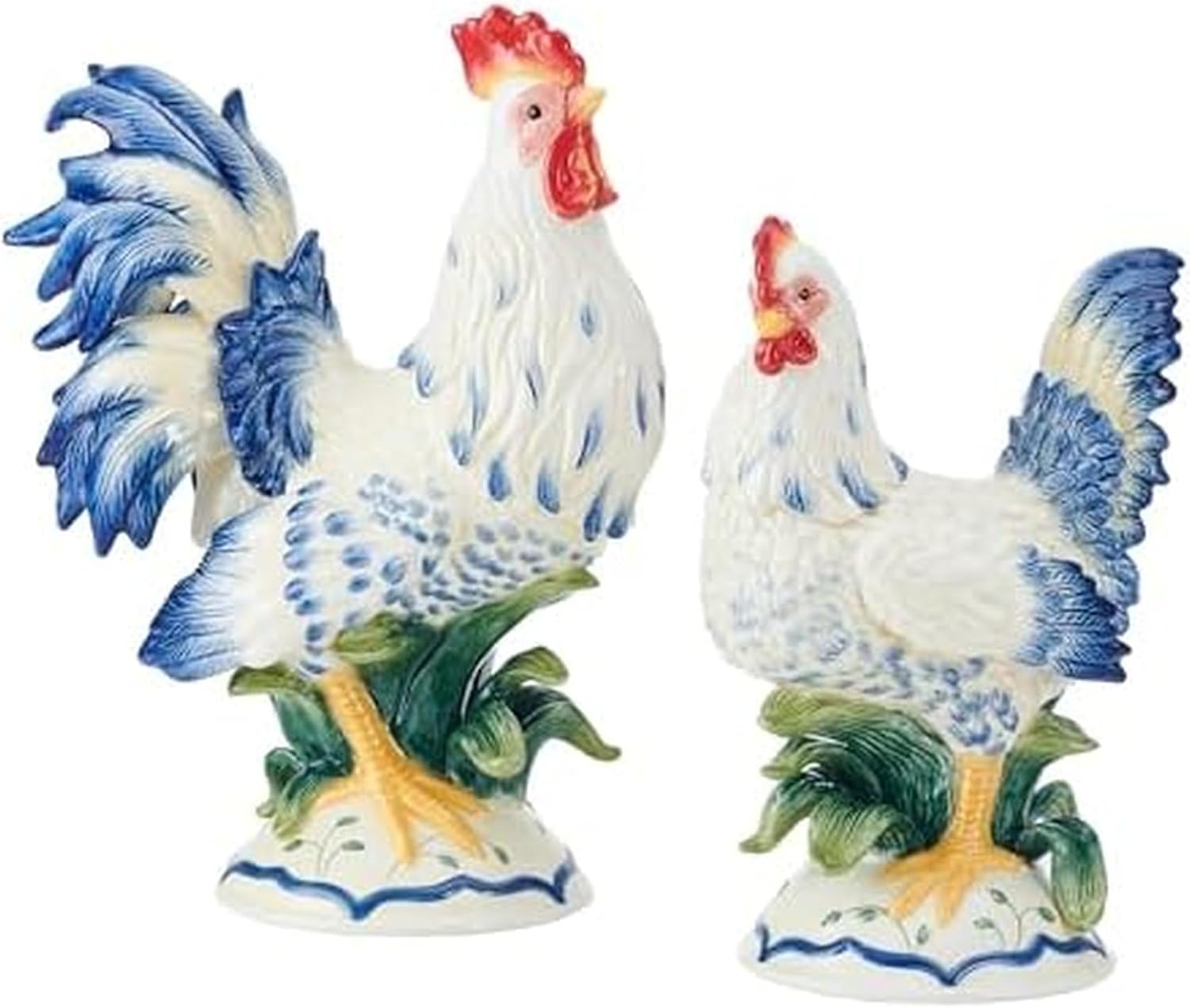 Fitz and Floyd Ceramic Rooster and Hen Figurine, Sicily Blue, Rooster 12.75-Inch and Hen 10.5-Inch