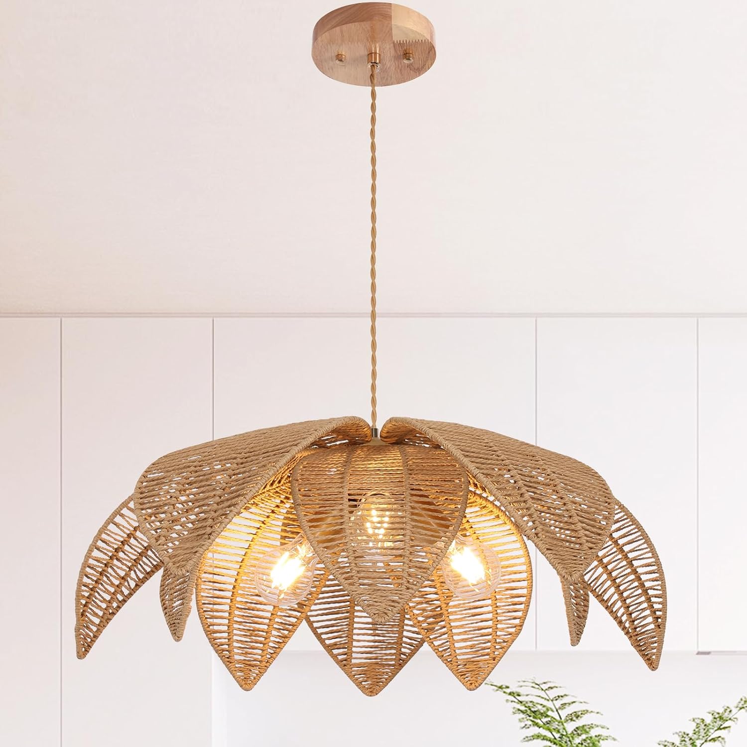 Farmhouse Chandelier, 3-Light Rattan Boho Hand Woven Wicker Pendant Light, 24