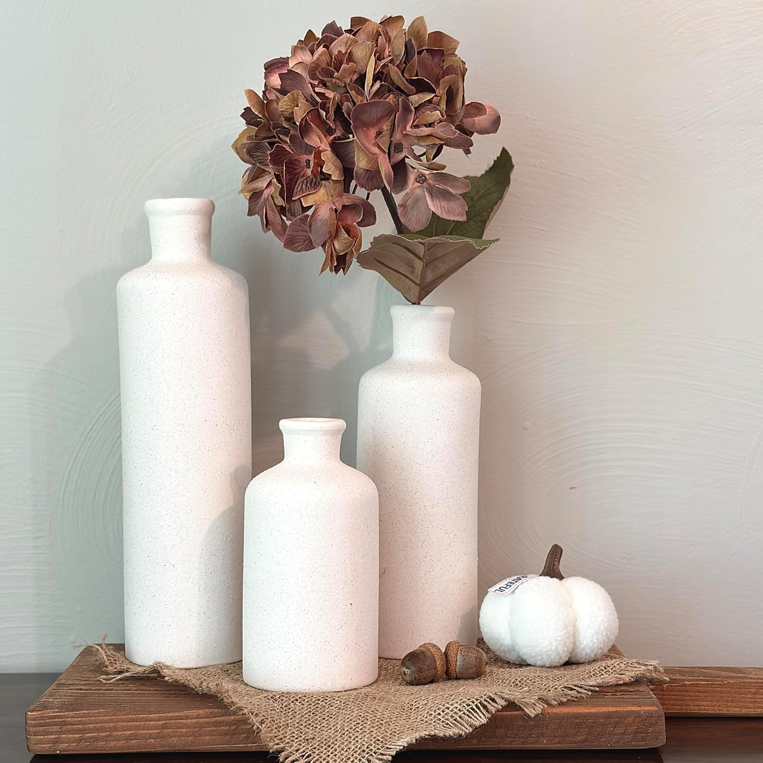 Tall Off-White Ceramic Vase Set of 3 - Modern Farmhouse Decor Vases for Living Room, Coffee Table & Shelf Styling