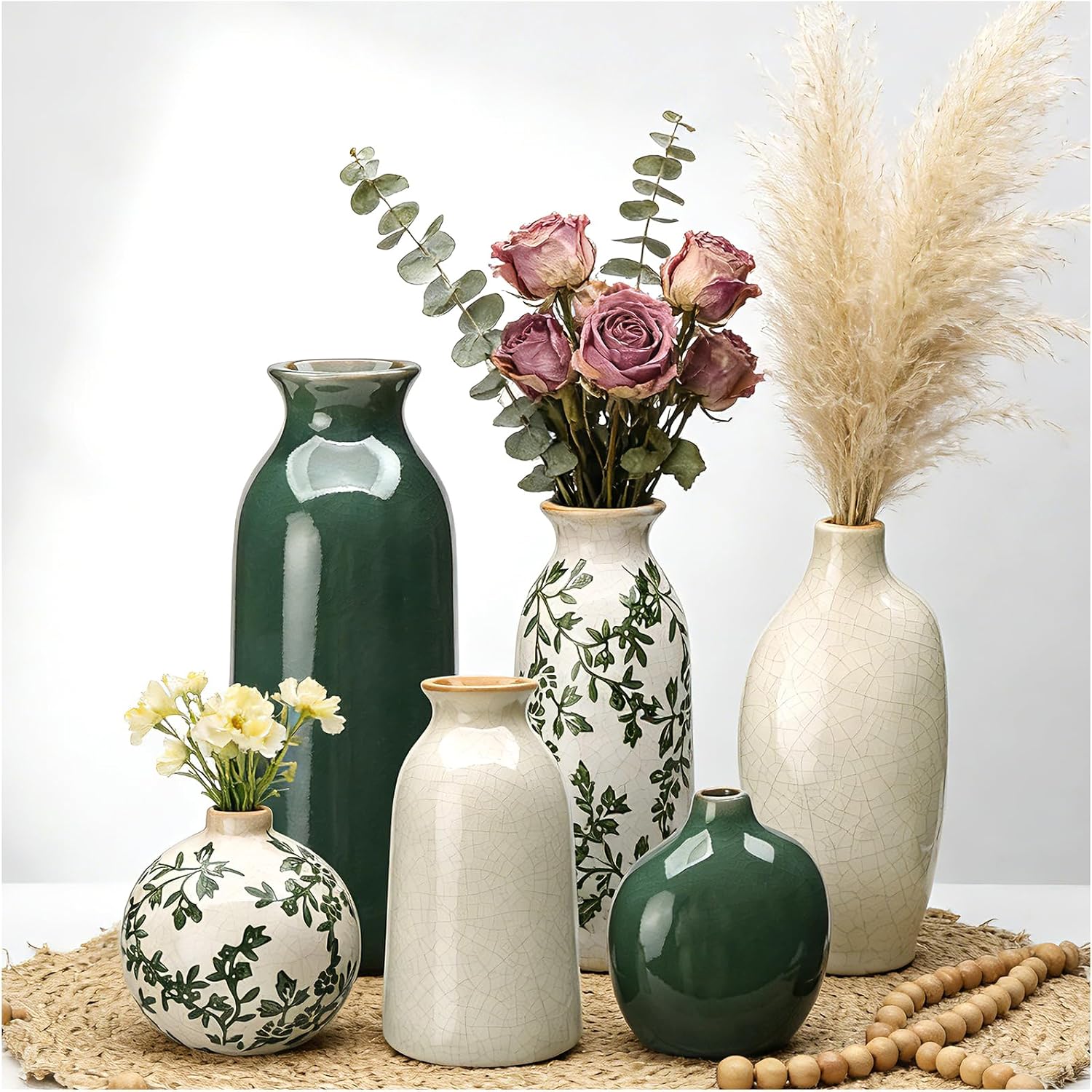 Ceramic Vase Set of 6, Flower Vases, Small Vases for Pampas Grass