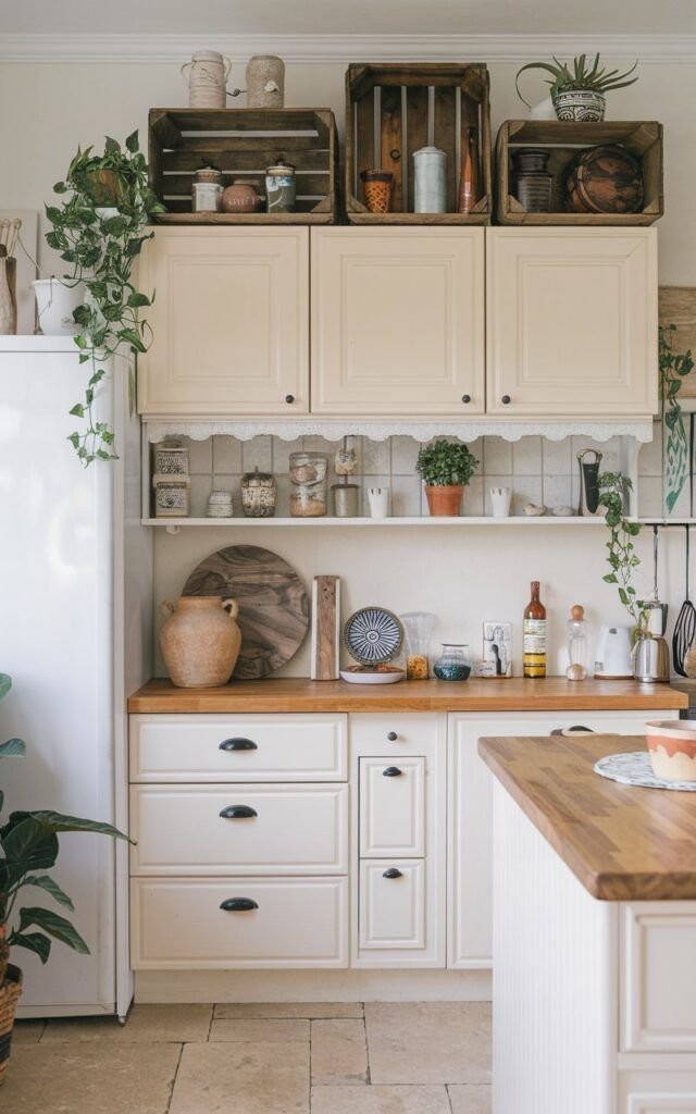 Stacked wooden crates filled with jars and tins arranged above cream kitchen cabinets with a trailing plant nearby