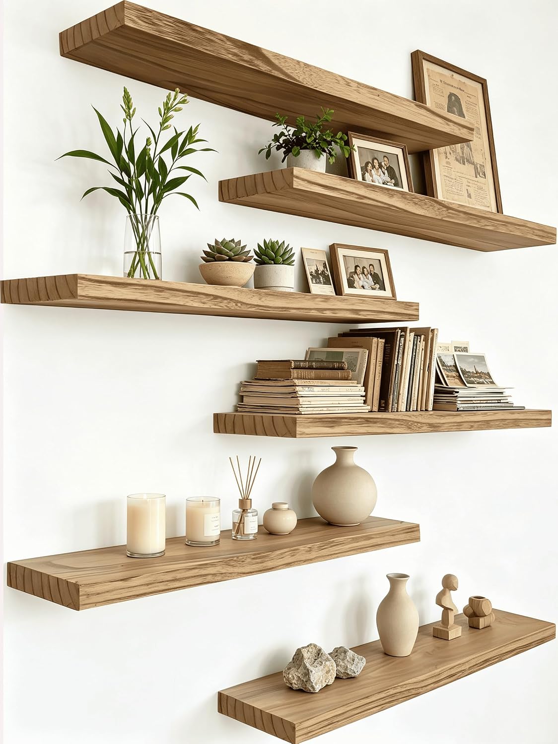 PHPH Wood Floating Shelves for Wall, Set of 6, Light Brown, 17 Inch