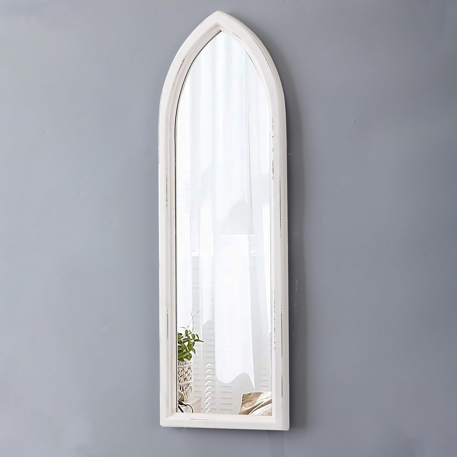 Rustic Arched Long Mirror for Wall, 35 x 12 Inch, Distressed White