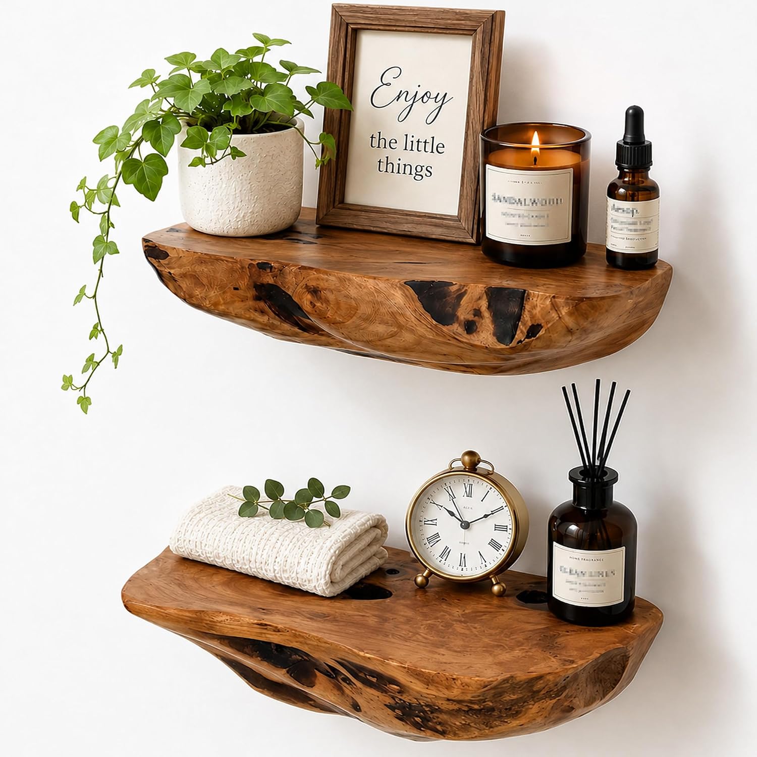 Cedar Root Wood Floating Shelves, Live Edge Wall Shelves, Set of 2