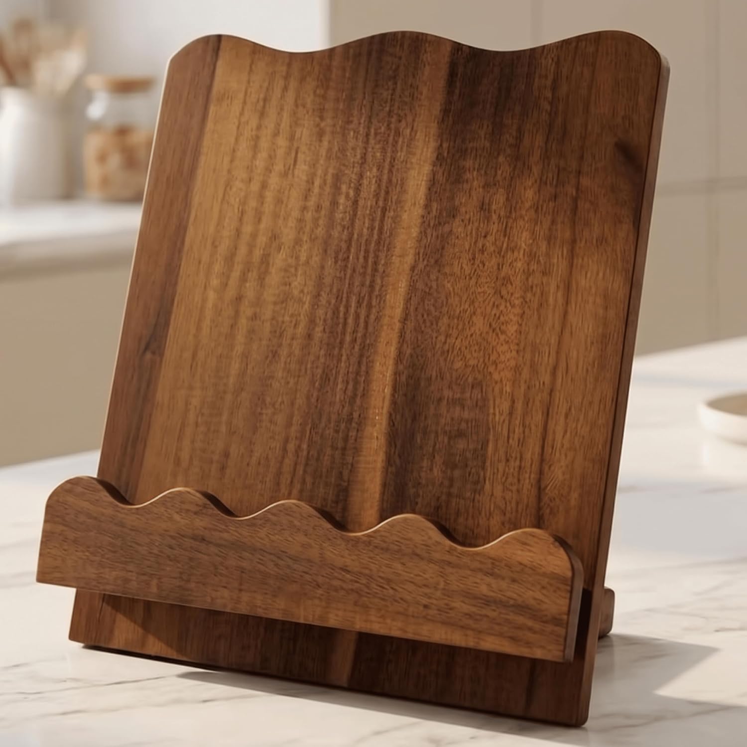Beautiful Wooden Cookbook Stand for Your Kitchen Counter – Solid Wood Scalloped Book Holder (Acacia)