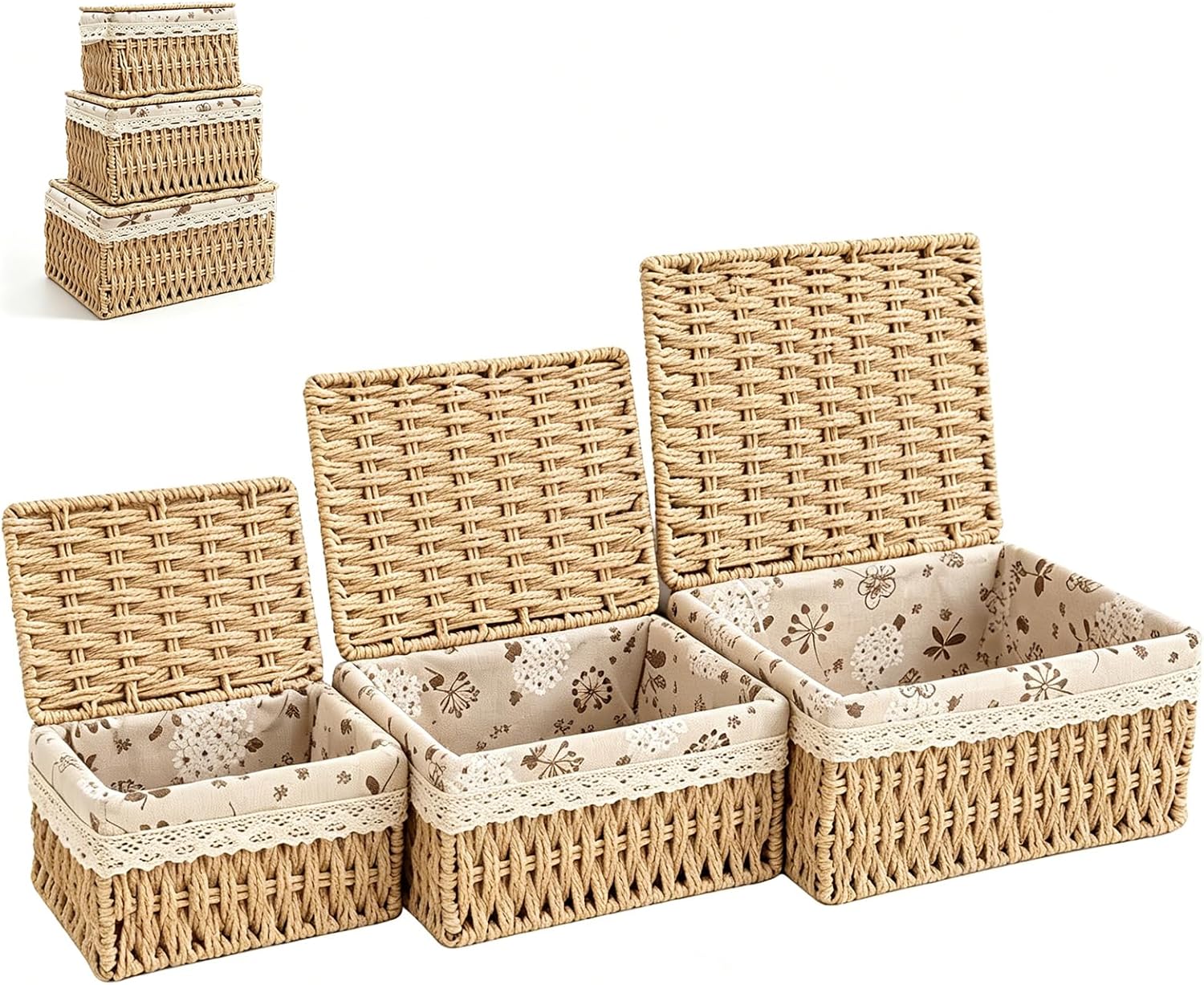Wicker Storage Baskets with Lids, Set of 3 Nesting Natural Rattan Organizer Bins with Removable Liner, Decorative Woven Storage Boxes for Home Organization Bedroom Closet Shelves (Natural)
