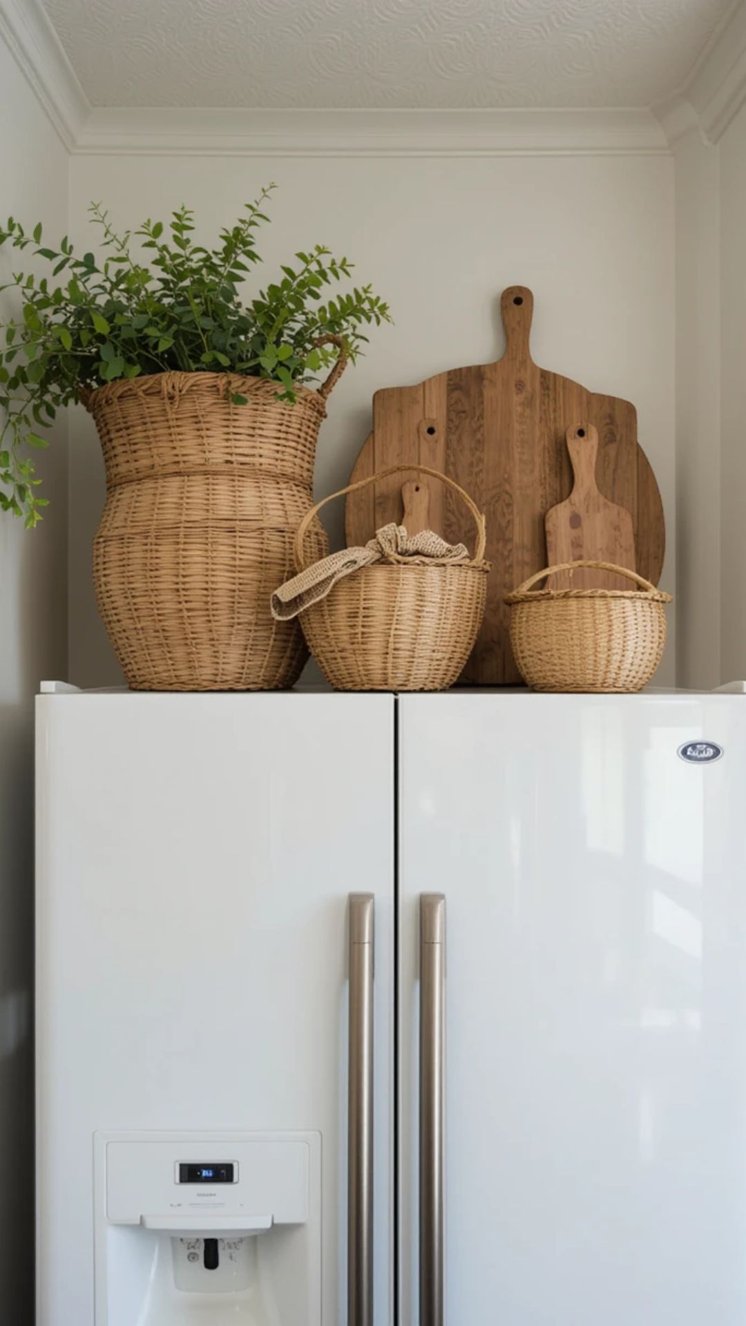 Wooden cutting boards leaned beside woven baskets and greenery on top of a refrigerator