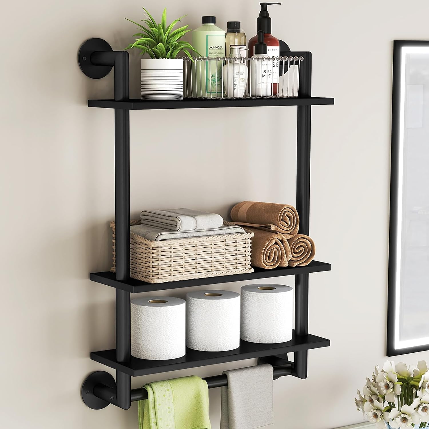 STWWO Bathroom Shelves Wall Mounted, 3 Tier Black Bathroom Shelf with Bar