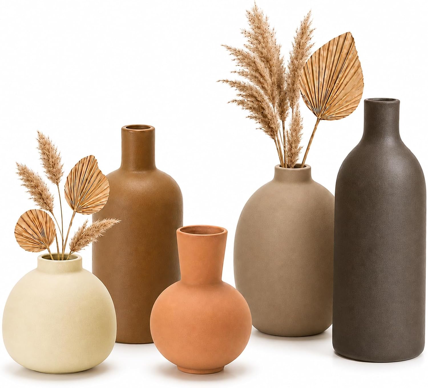 Small Neutral Ceramic Vase Set, 5 Matte Earth-Tone Vases for Japandi Decor