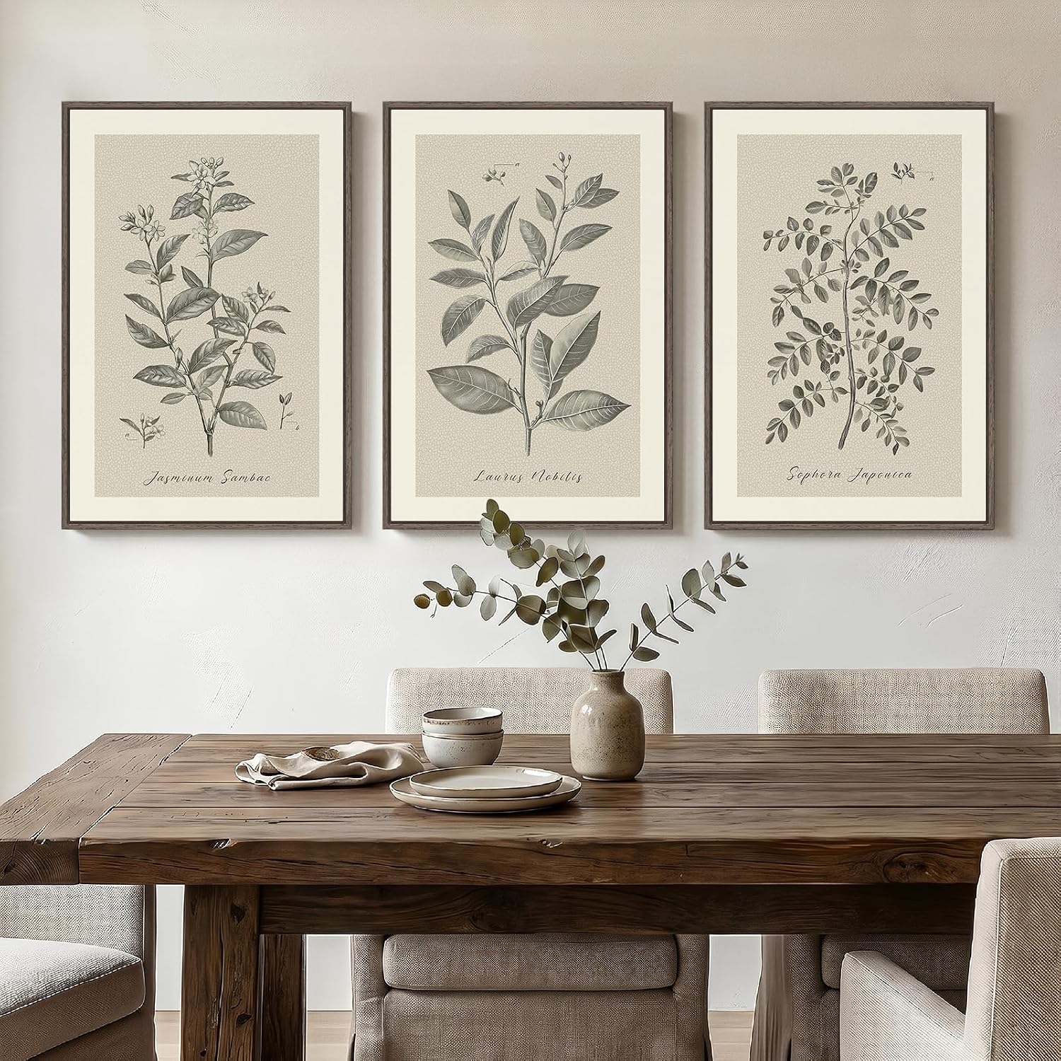Framed 3 Piece Neutral Vintage Botanical Wall Art for Dining Room, 16x24 In