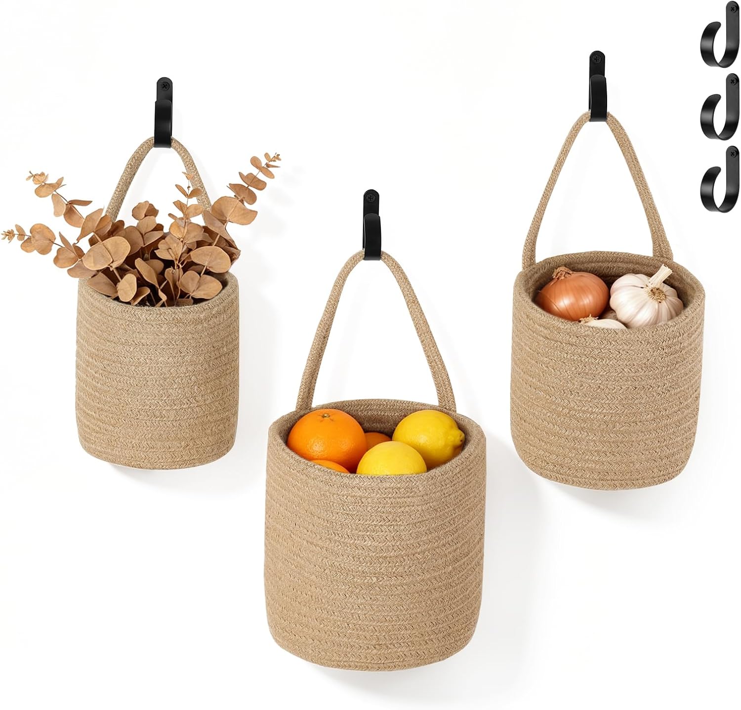 Dahey 3 Pcs Woven Hanging Wall Baskets for Bathroom Plant Organizing, S/M/L