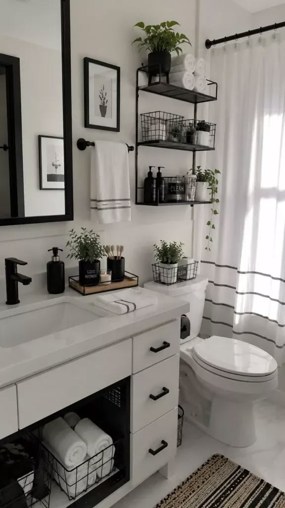Black wall-mounted shelving unit above a toilet in a white and black bathroom with a striped shower curtain and framed art