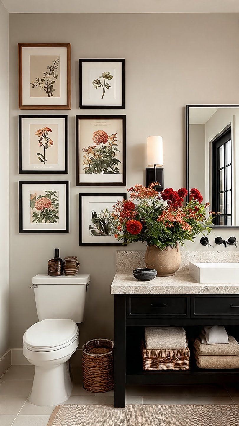 Gallery wall of six framed botanical prints above a toilet and vanity styled with a vase of red flowers