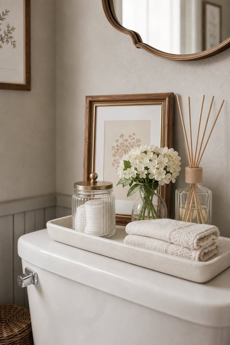 Scalloped wood mirror above a toilet tank styled with leaning gold-framed prints, a glass jar, a vase of flowers and a reed diffuser