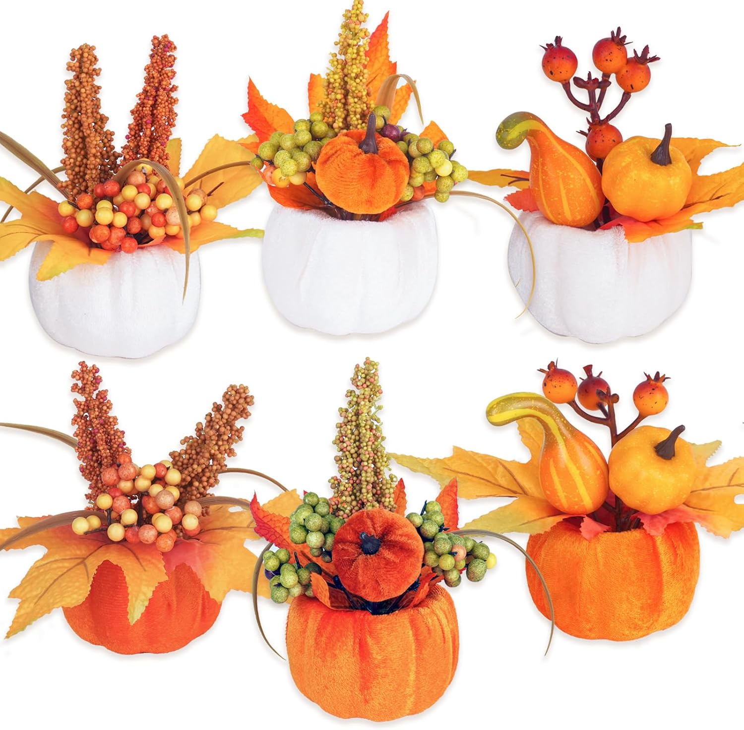 Velvet Fall Pumpkin Decor, 6 Pcs, Artificial Fake Plastic Mini Pumpkins