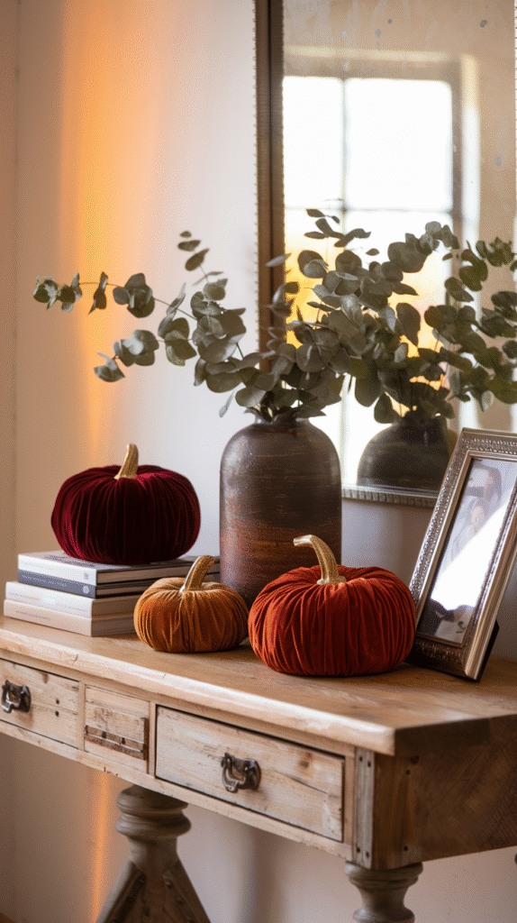 Velvet pumpkins styled as elegant fall decor accents