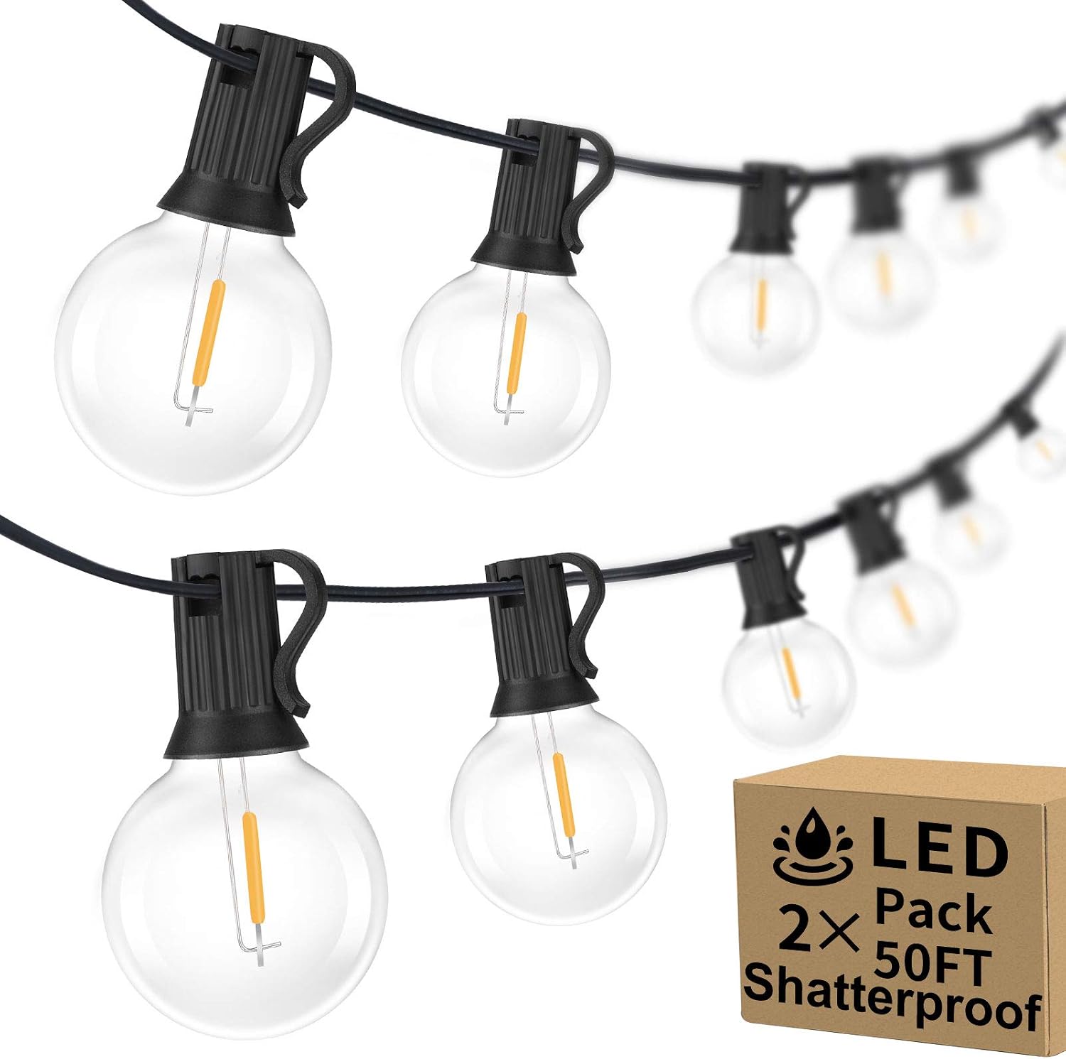 Outdoor String Lights, 2-Pack 100ft, G40 LED Globe Waterproof Patio Lights