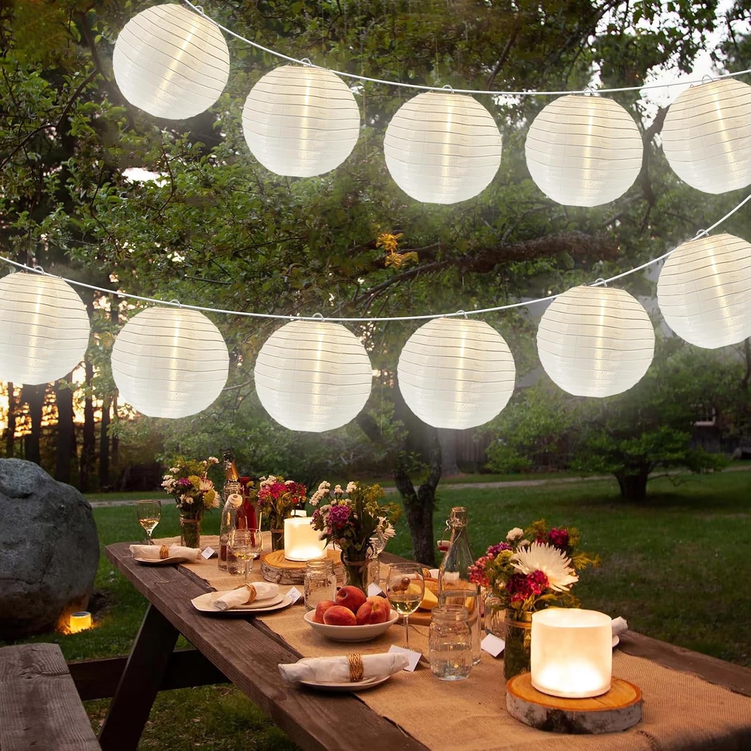 Lantern String Lights Outdoor, 27.5FT White with 10 Nylon Lanterns