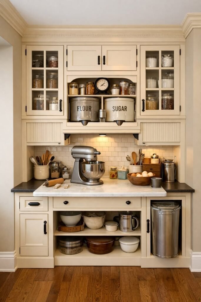 Dedicated baking island setup with ample workspace and storage