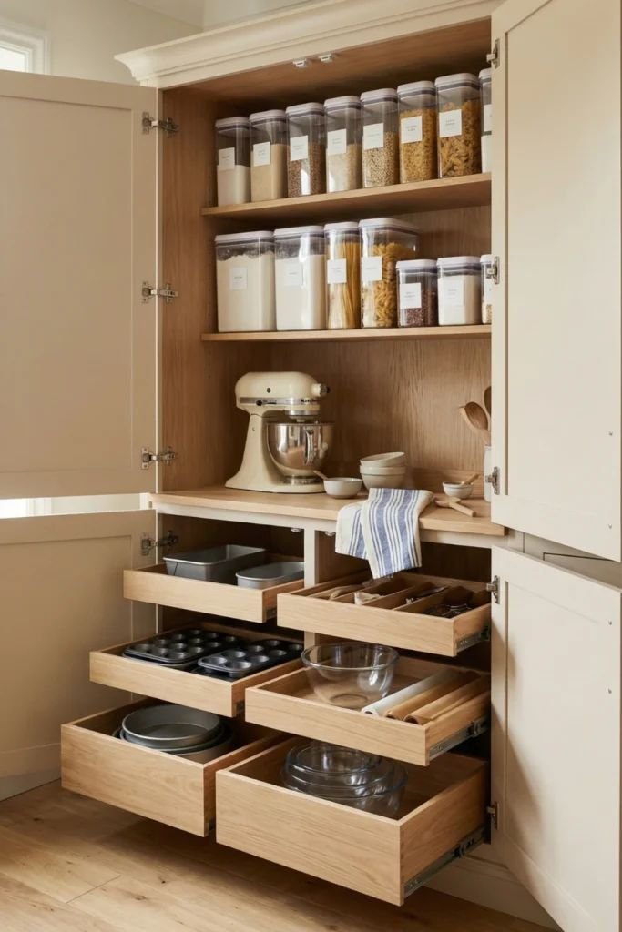 Essential baking station elements including surface and storage