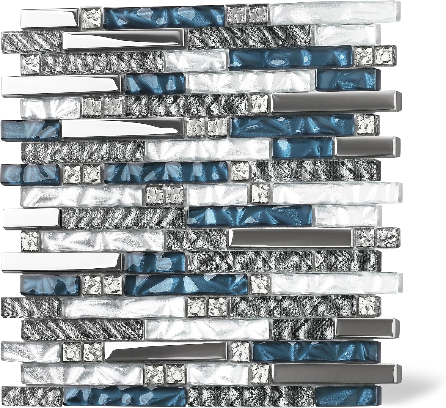 Glass Linear Wall Tile, Teal Blue White Mosaic Sheets, Set of 5