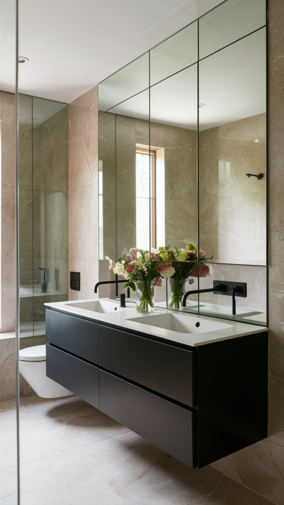 Floor-to-ceiling mirrored accent wall behind a black floating double vanity in a contemporary bathroom with marble tile
