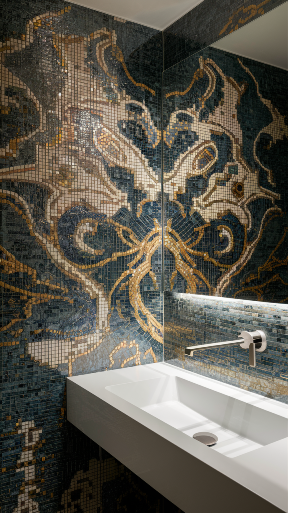 Intricate blue and gold mosaic tile art wall behind a white floating sink in a modern bathroom
