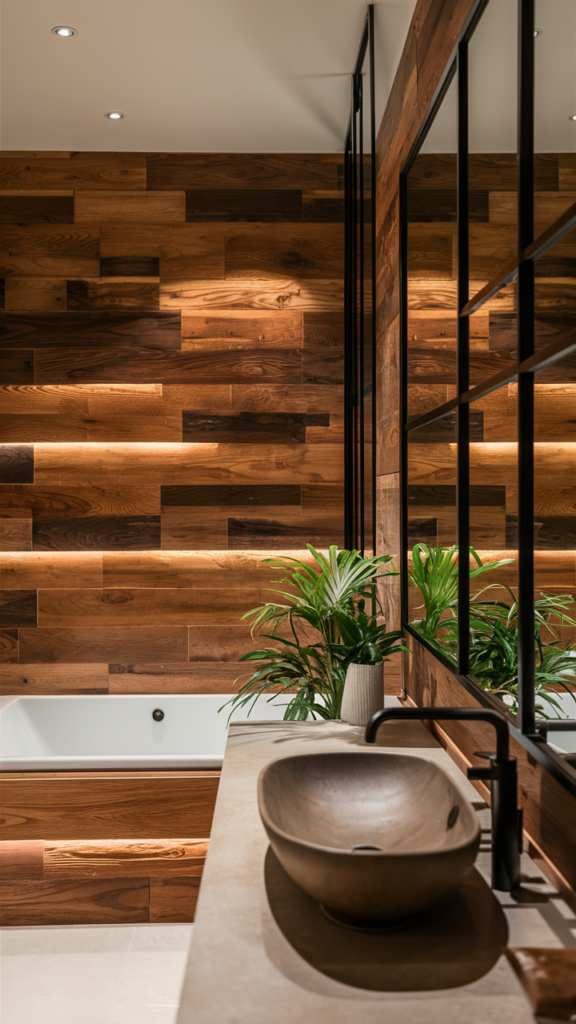Warm wood plank accent wall in a bathroom with hidden under-shelf lighting, a built-in tub and potted plants on the vanity