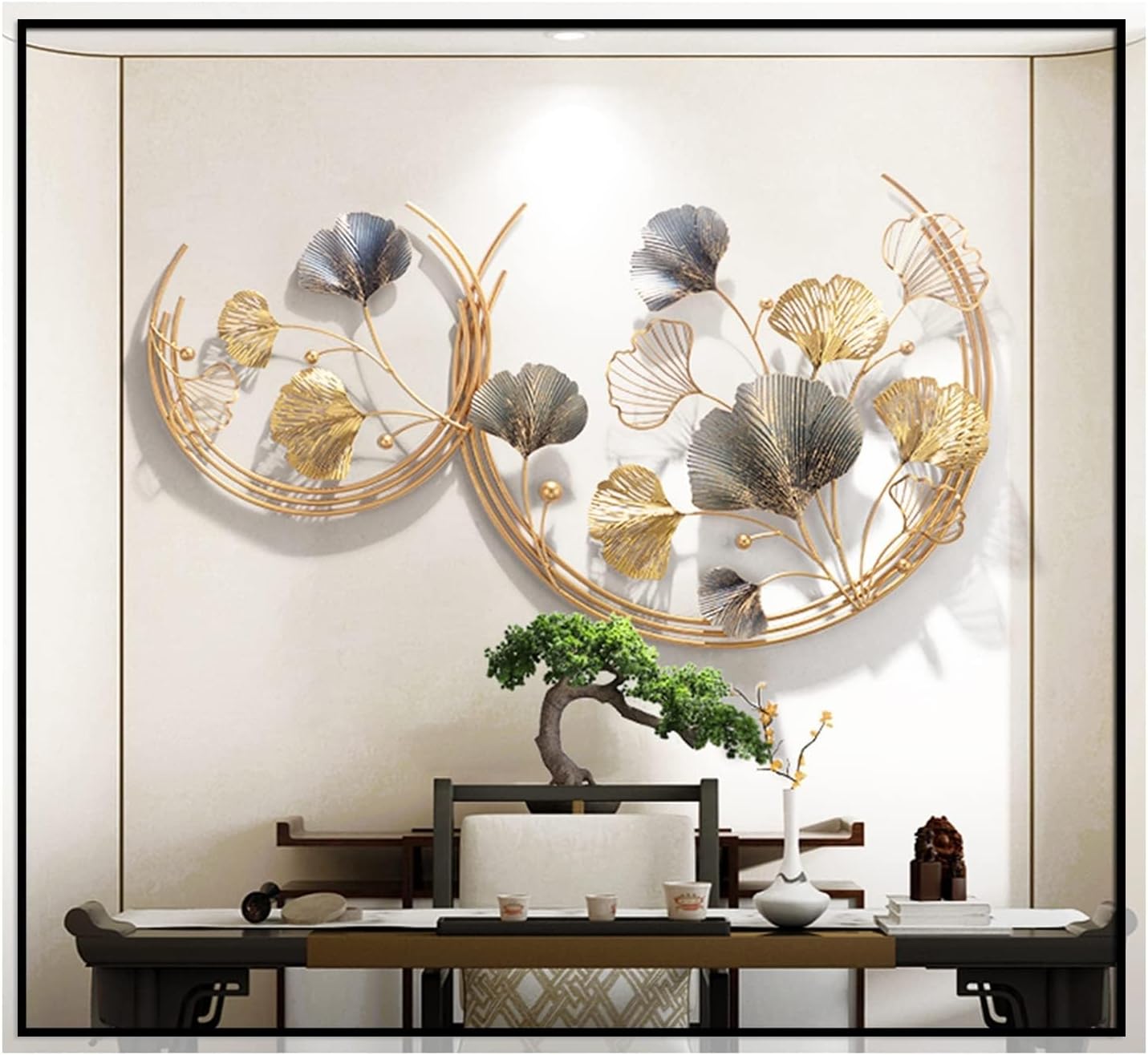 CDDUOLA 3D Room Wall Decor, Metal Round Golden Ginkgo Leaf Sculpture, 2 Pack