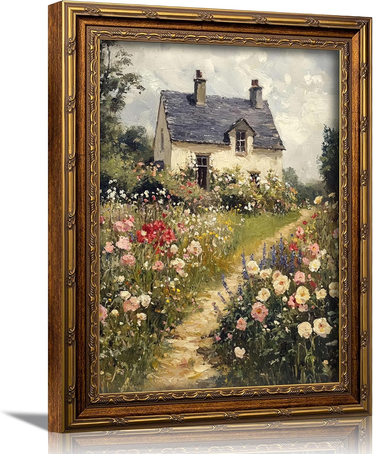 3D Textured Canvas Wall Art, Vintage Carved Gold Frame, Farmhouse Wildflower