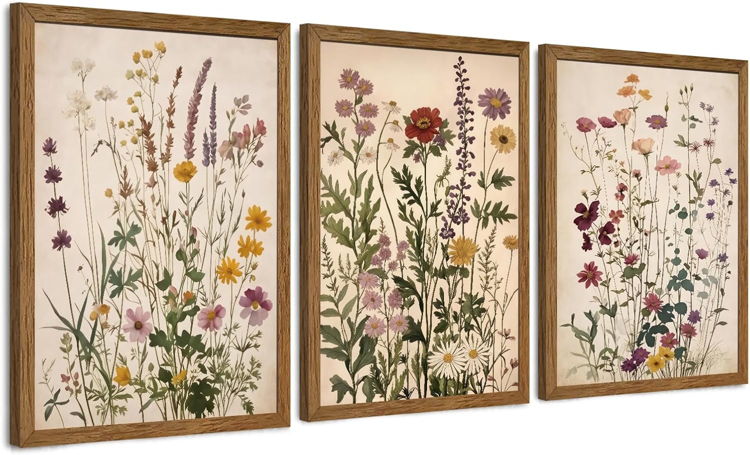 AVECCO 3 Piece Vintage Wildflower Botanical Framed Canvas Wall Art, 12x16 In