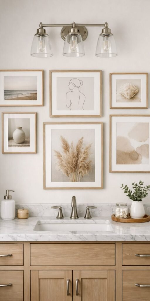 Thoughtfully planned gallery wall layout in a bathroom