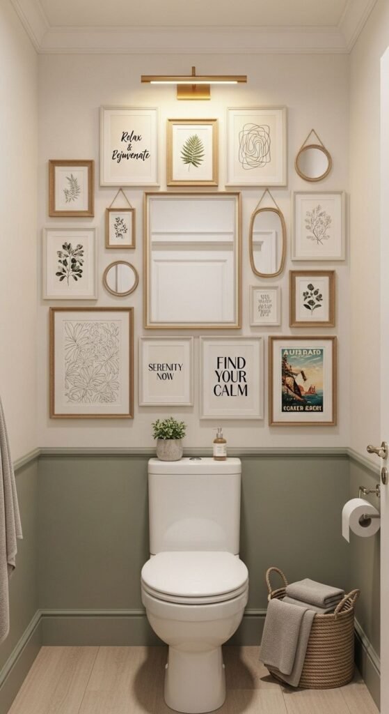 Curated gallery wall bringing personality to a bathroom