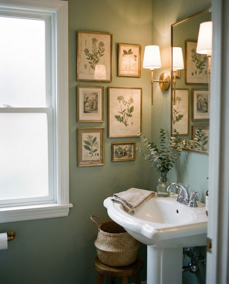 Personal gallery wall display adding character to a bathroom
