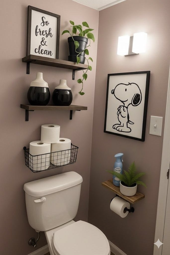 Bathroom styled with thoughtful wall art adding personality