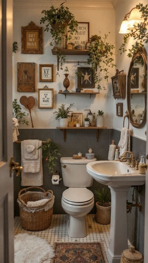 Warm lighting enhancing nature-inspired bathroom art