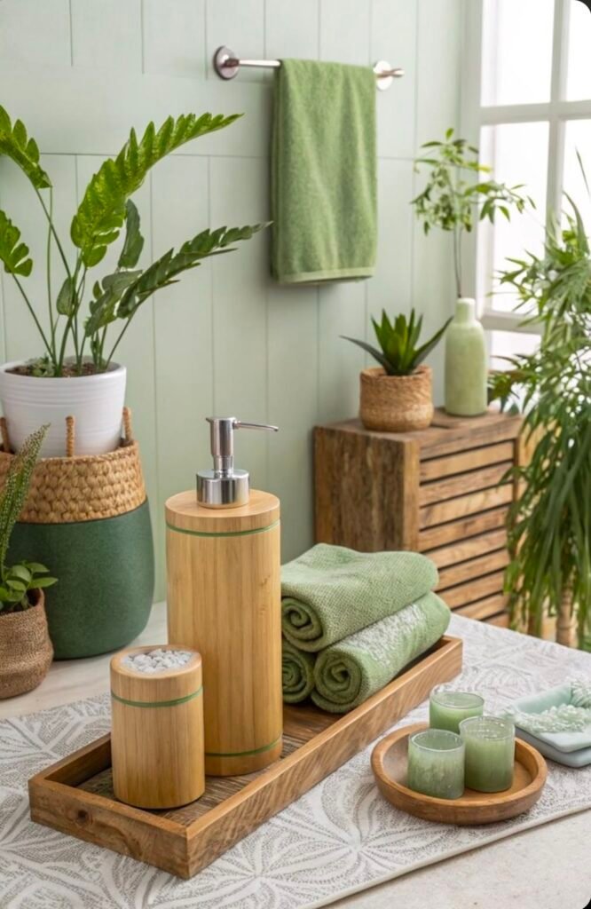 Nature-inspired art creating a spa-like bathroom atmosphere