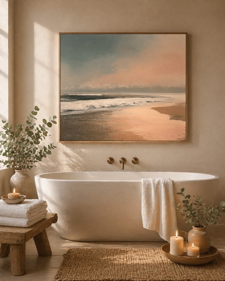 Bathroom styled with antique-inspired wall art