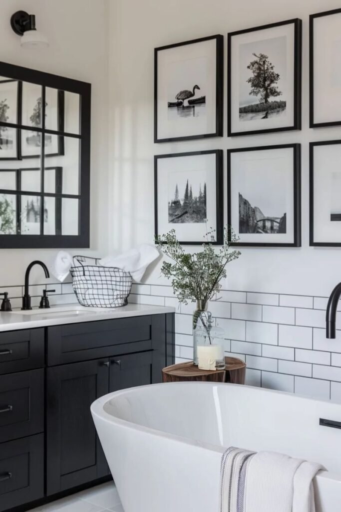 Vintage art piece bringing personality to a bathroom wall
