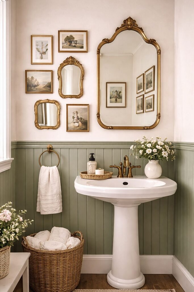 Cozy bathroom atmosphere created through vintage art