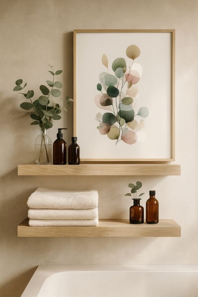 Vintage art paired with modern bathroom fixtures