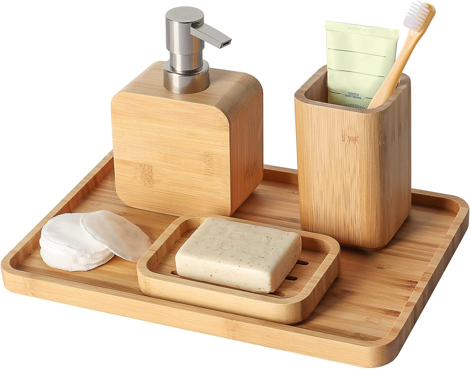4Pcs Handmade Natural Bamboo Sink & Bathroom Accessories Set