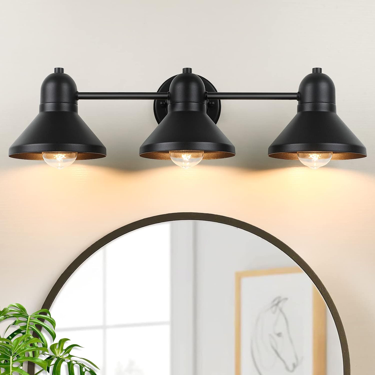 Bairth Bathroom Light Fixtures, 3-Light Black Metal Vanity Light Over Mirror