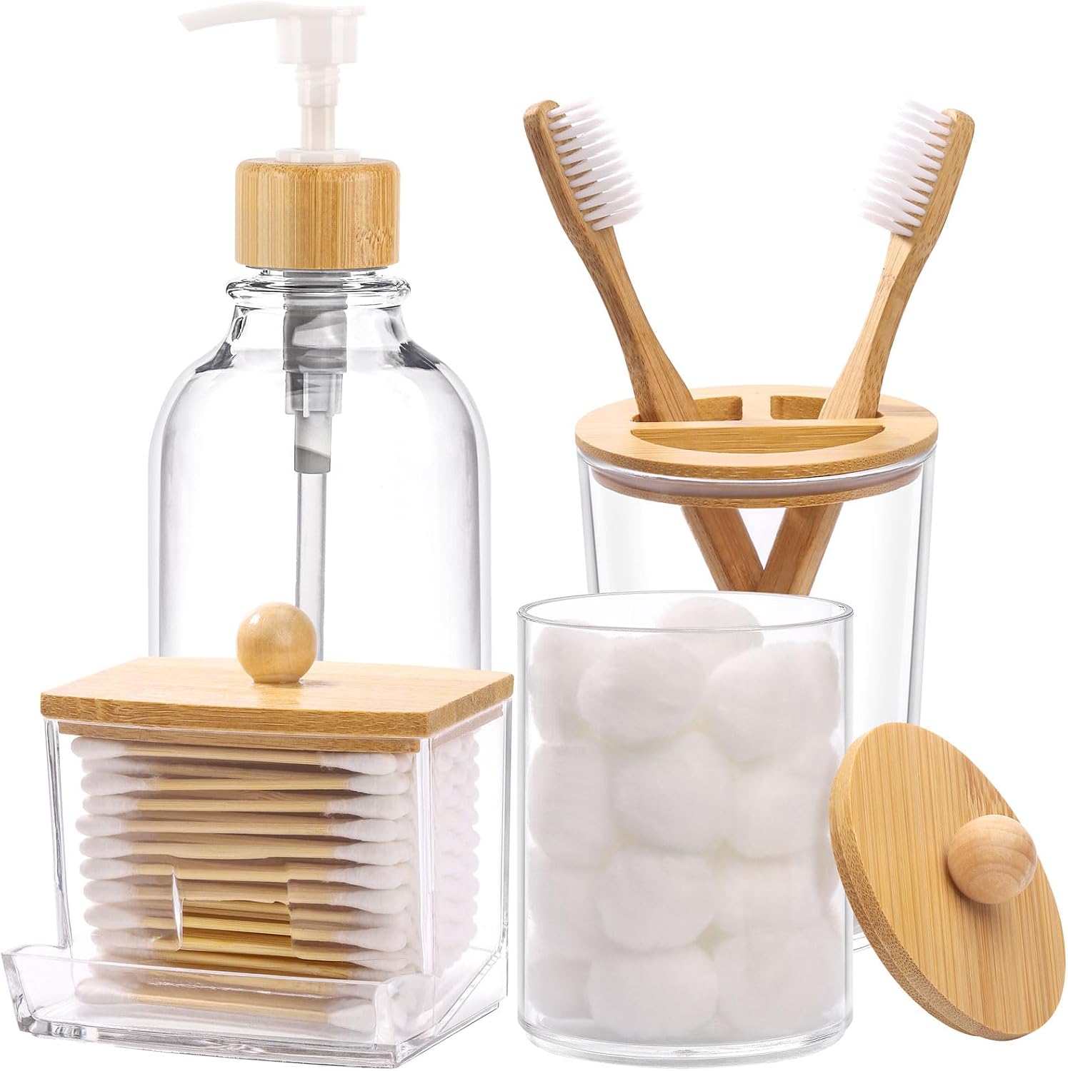 Bamboo Bathroom Accessories Set, 4 Pcs, Clear Toothbrush Holder