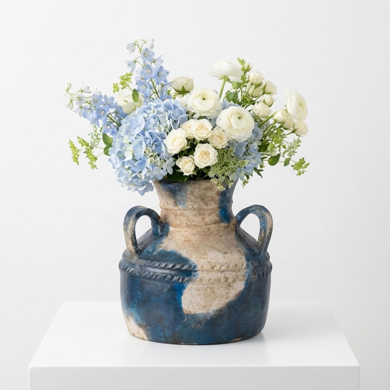 Terracotta Triple Handle Vase for Living Room Decor, Blue & Ivory