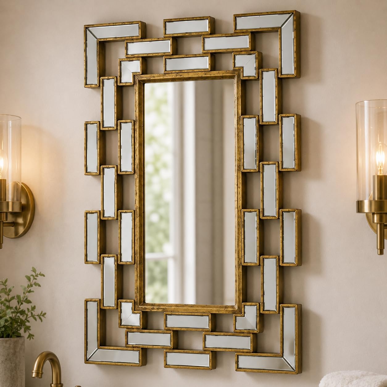 Gold Wall Mirror, 24 x 16 Inch, Geometric Decorative Mirror