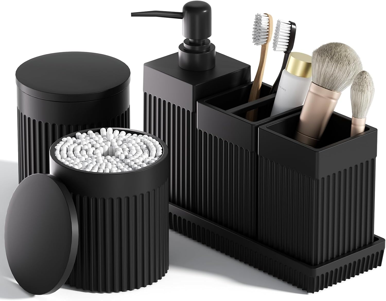 6-Piece Black Bathroom Set, Sleek Resin Organizer with Soap Dispenser