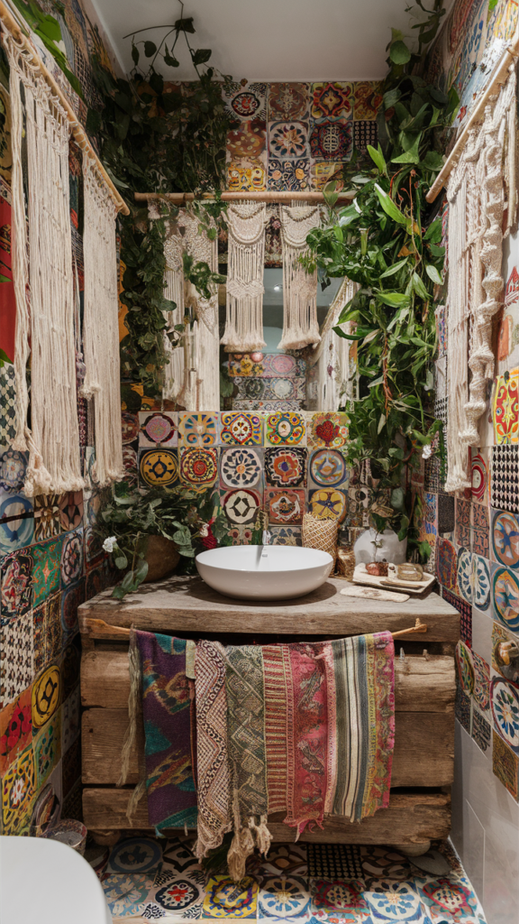 Vibrant bohemian bathroom with macramé, layered patterns and houseplants