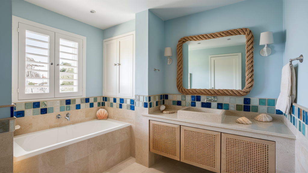 Coastal bathroom with soft blue tones, sea glass tile and natural rattan textures